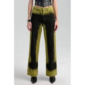 Pretty Damage Green/Black Spray‎ Paint Cotton Wide Leg Jean High Rise Streetwear